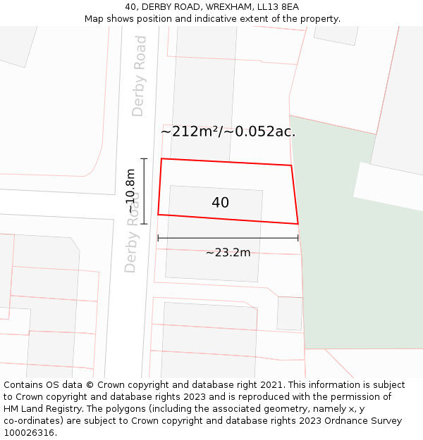 40, DERBY ROAD, WREXHAM, LL13 8EA: Plot and title map