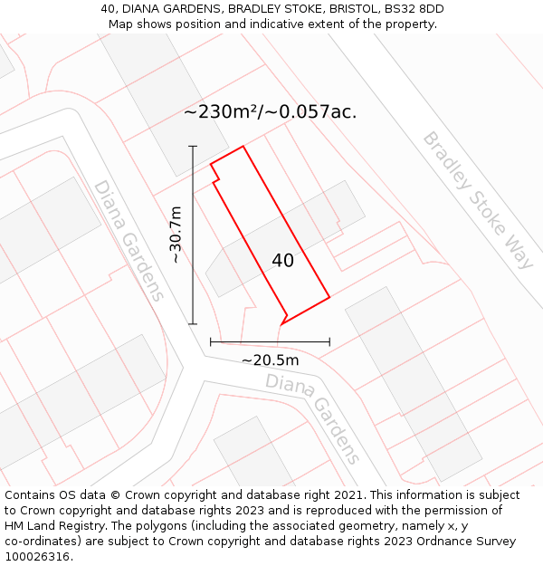40, DIANA GARDENS, BRADLEY STOKE, BRISTOL, BS32 8DD: Plot and title map