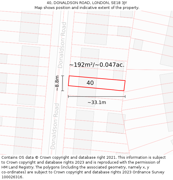 40, DONALDSON ROAD, LONDON, SE18 3JY: Plot and title map