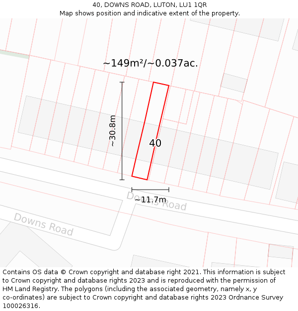 40, DOWNS ROAD, LUTON, LU1 1QR: Plot and title map