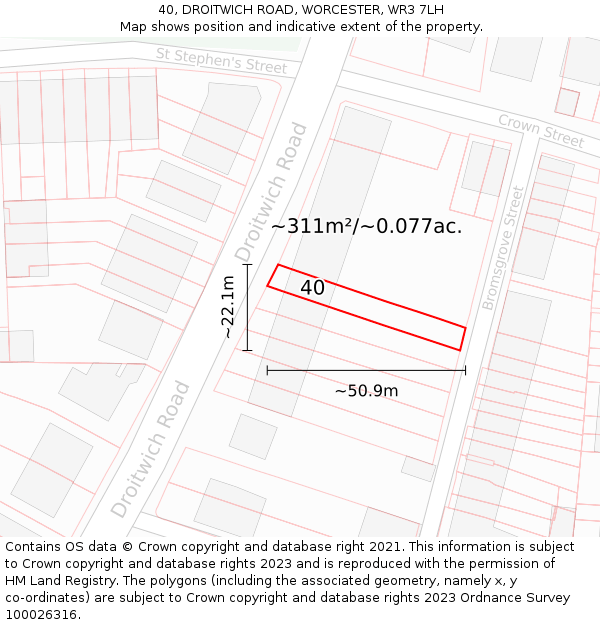 40, DROITWICH ROAD, WORCESTER, WR3 7LH: Plot and title map