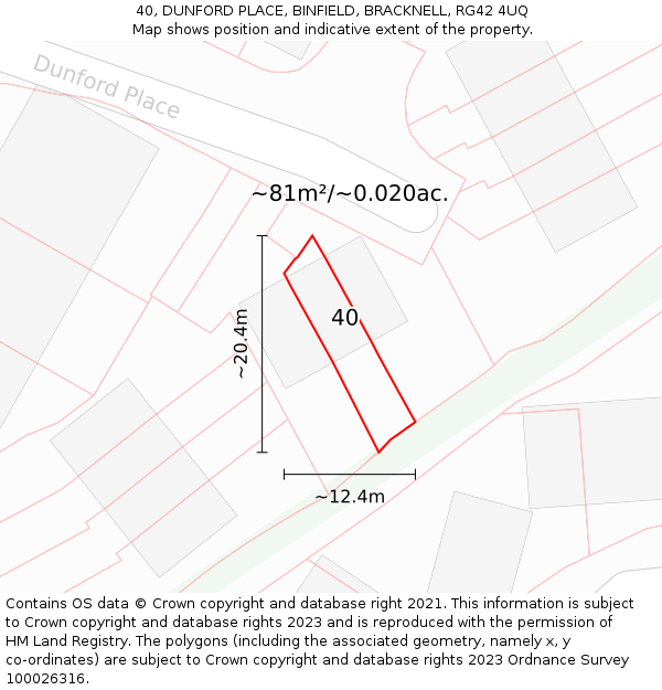 40, DUNFORD PLACE, BINFIELD, BRACKNELL, RG42 4UQ: Plot and title map