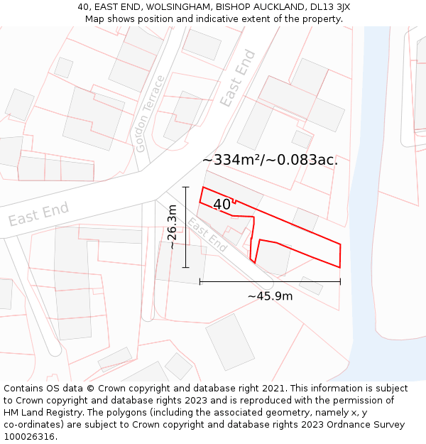 40, EAST END, WOLSINGHAM, BISHOP AUCKLAND, DL13 3JX: Plot and title map