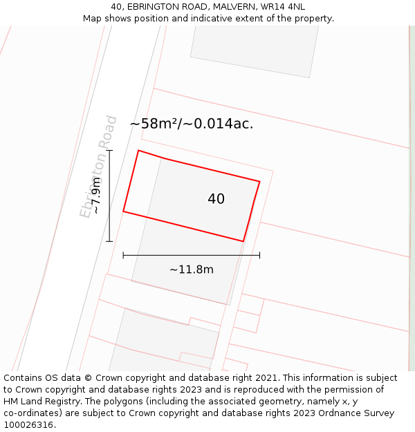 40, EBRINGTON ROAD, MALVERN, WR14 4NL: Plot and title map