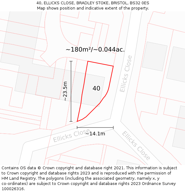 40, ELLICKS CLOSE, BRADLEY STOKE, BRISTOL, BS32 0ES: Plot and title map