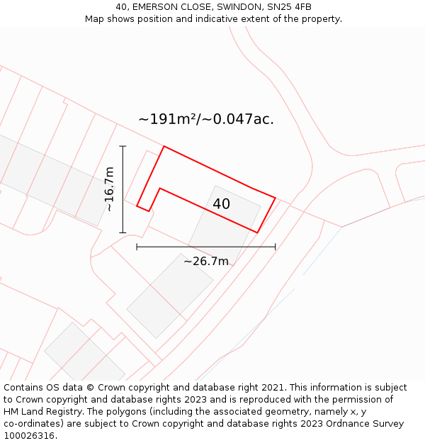 40, EMERSON CLOSE, SWINDON, SN25 4FB: Plot and title map