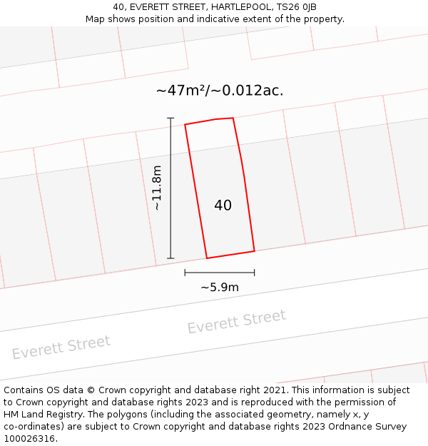 40, EVERETT STREET, HARTLEPOOL, TS26 0JB: Plot and title map