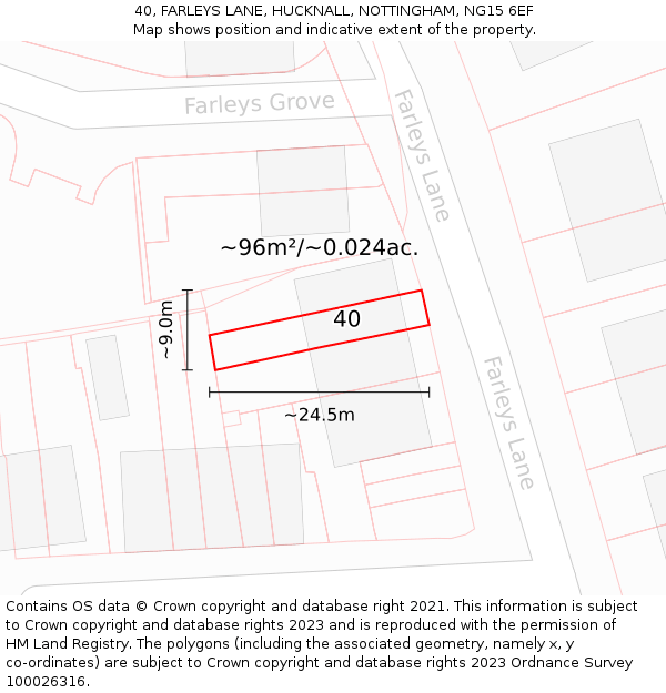 40, FARLEYS LANE, HUCKNALL, NOTTINGHAM, NG15 6EF: Plot and title map