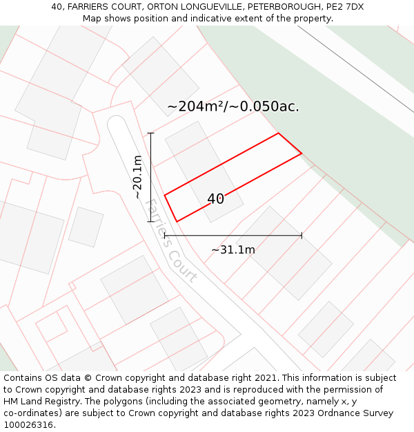 40, FARRIERS COURT, ORTON LONGUEVILLE, PETERBOROUGH, PE2 7DX: Plot and title map