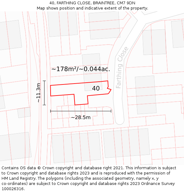 40, FARTHING CLOSE, BRAINTREE, CM7 9DN: Plot and title map