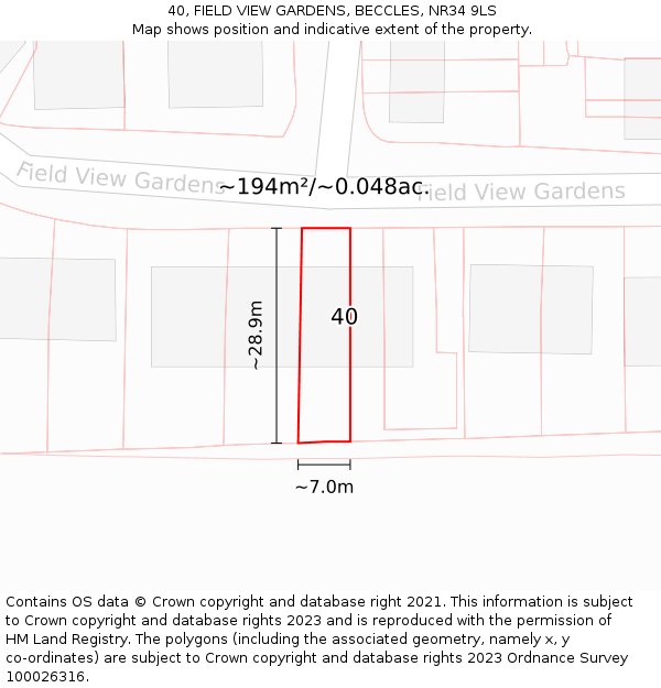 40, FIELD VIEW GARDENS, BECCLES, NR34 9LS: Plot and title map