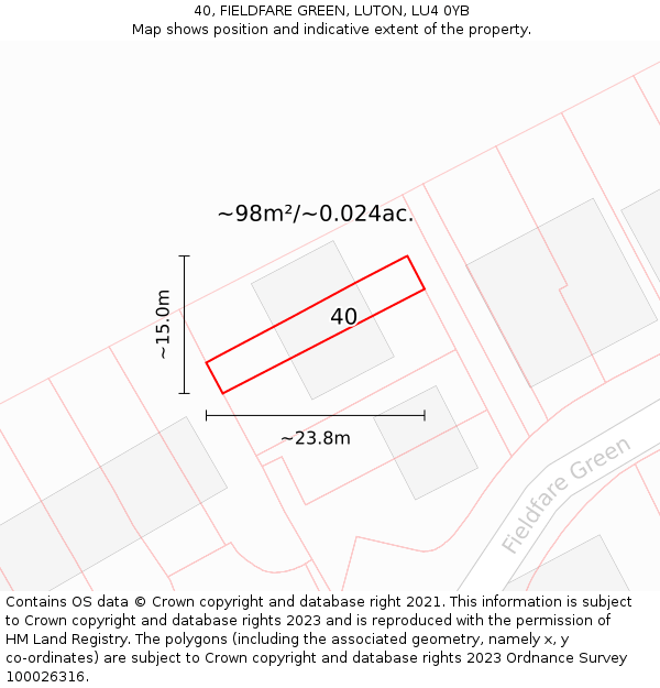 40, FIELDFARE GREEN, LUTON, LU4 0YB: Plot and title map
