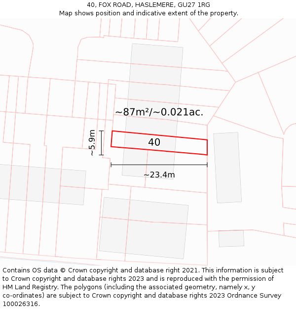 40, FOX ROAD, HASLEMERE, GU27 1RG: Plot and title map