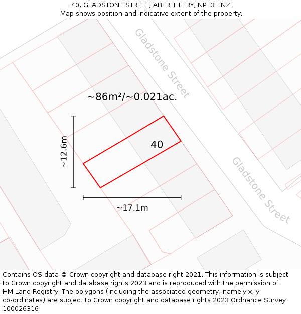 40, GLADSTONE STREET, ABERTILLERY, NP13 1NZ: Plot and title map