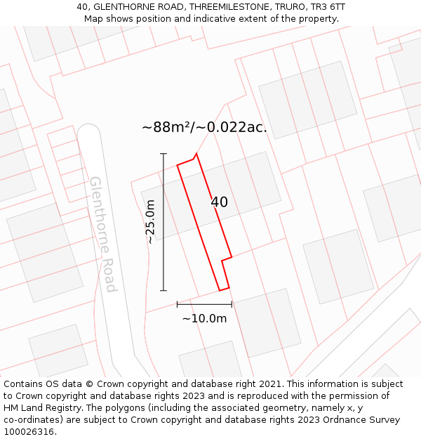 40, GLENTHORNE ROAD, THREEMILESTONE, TRURO, TR3 6TT: Plot and title map