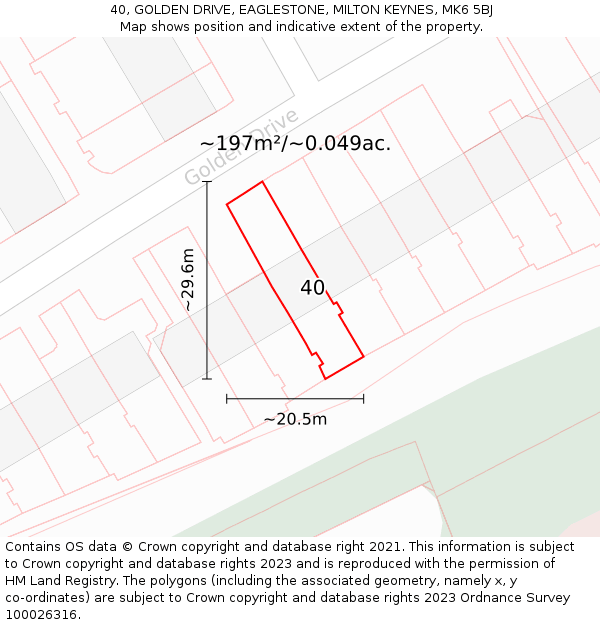 40, GOLDEN DRIVE, EAGLESTONE, MILTON KEYNES, MK6 5BJ: Plot and title map