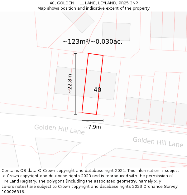 40, GOLDEN HILL LANE, LEYLAND, PR25 3NP: Plot and title map