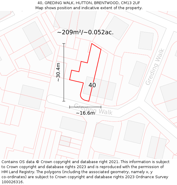 40, GREDING WALK, HUTTON, BRENTWOOD, CM13 2UF: Plot and title map