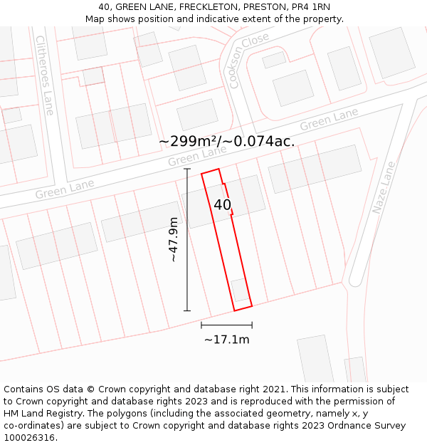 40, GREEN LANE, FRECKLETON, PRESTON, PR4 1RN: Plot and title map