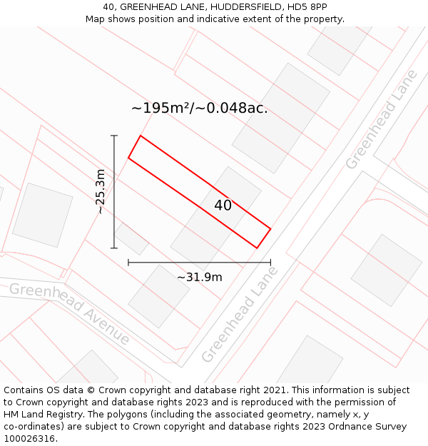 40, GREENHEAD LANE, HUDDERSFIELD, HD5 8PP: Plot and title map