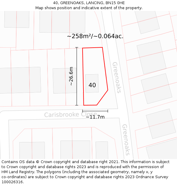40, GREENOAKS, LANCING, BN15 0HE: Plot and title map