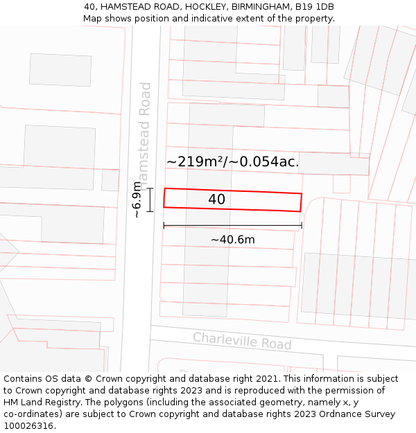 40, HAMSTEAD ROAD, HOCKLEY, BIRMINGHAM, B19 1DB: Plot and title map