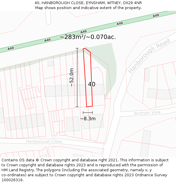 40, HANBOROUGH CLOSE, EYNSHAM, WITNEY, OX29 4NR: Plot and title map