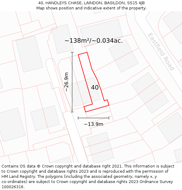 40, HANDLEYS CHASE, LAINDON, BASILDON, SS15 4JB: Plot and title map