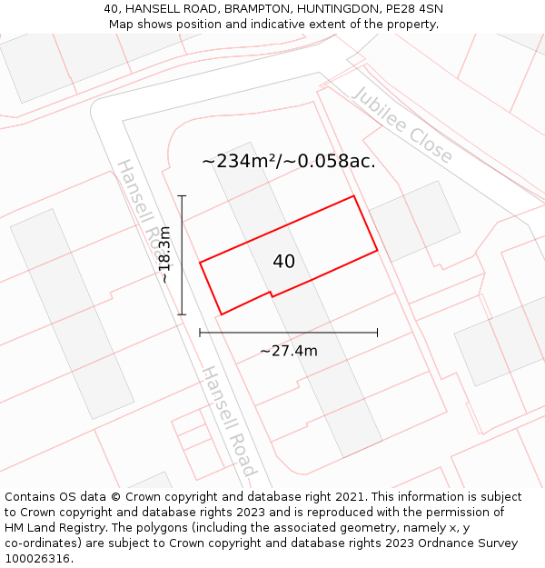 40, HANSELL ROAD, BRAMPTON, HUNTINGDON, PE28 4SN: Plot and title map