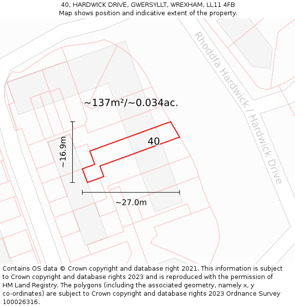 40, HARDWICK DRIVE, GWERSYLLT, WREXHAM, LL11 4FB: Plot and title map