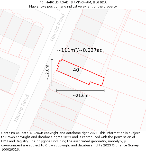 40, HAROLD ROAD, BIRMINGHAM, B16 9DA: Plot and title map