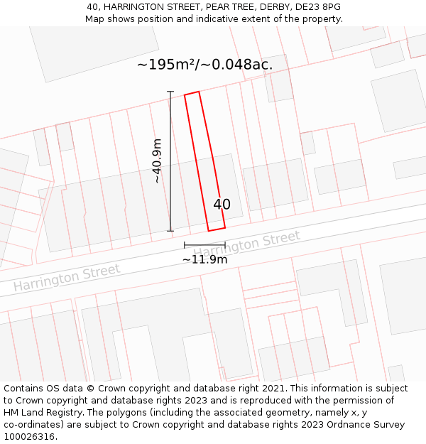 40, HARRINGTON STREET, PEAR TREE, DERBY, DE23 8PG: Plot and title map
