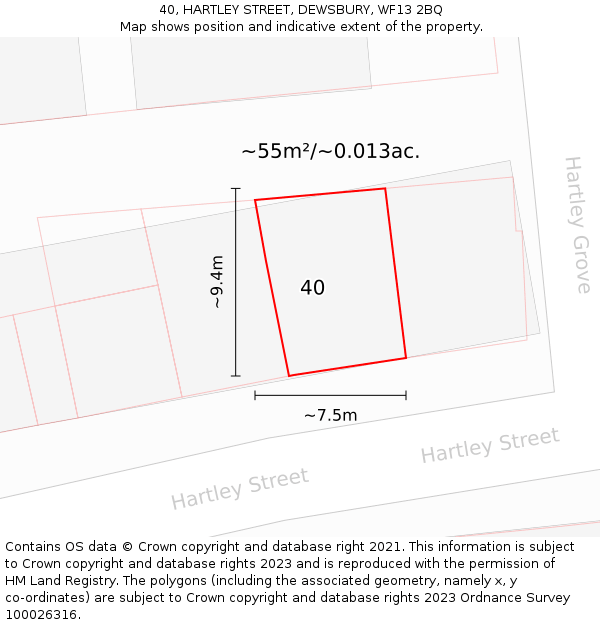 40, HARTLEY STREET, DEWSBURY, WF13 2BQ: Plot and title map