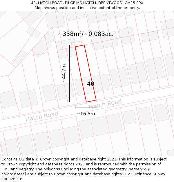 40, HATCH ROAD, PILGRIMS HATCH, BRENTWOOD, CM15 9PX: Plot and title map