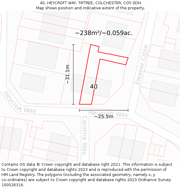 40, HEYCROFT WAY, TIPTREE, COLCHESTER, CO5 0DN: Plot and title map