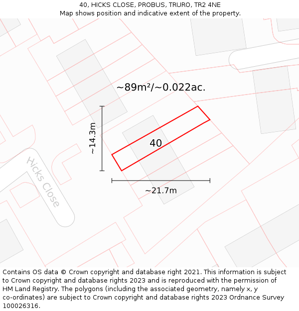 40, HICKS CLOSE, PROBUS, TRURO, TR2 4NE: Plot and title map