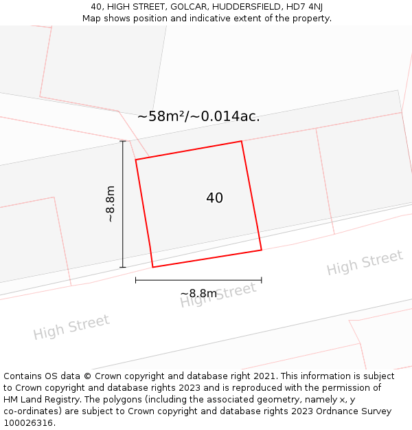 40, HIGH STREET, GOLCAR, HUDDERSFIELD, HD7 4NJ: Plot and title map