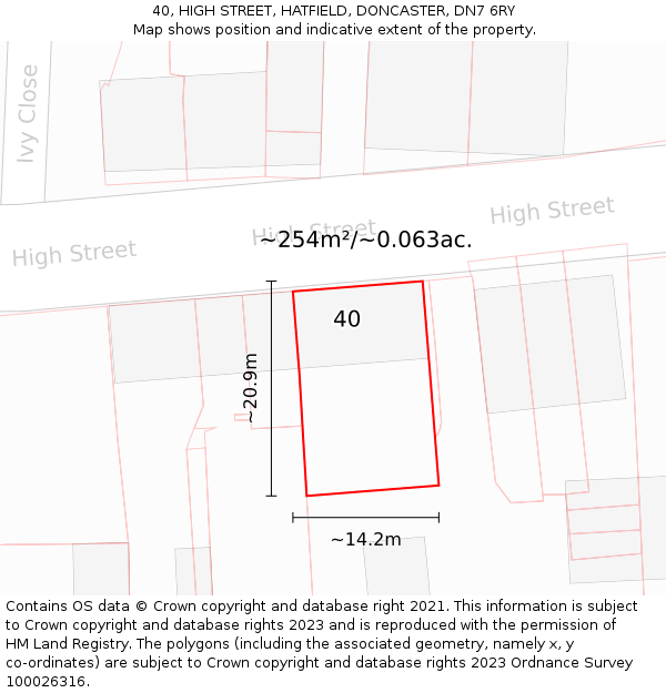 40, HIGH STREET, HATFIELD, DONCASTER, DN7 6RY: Plot and title map
