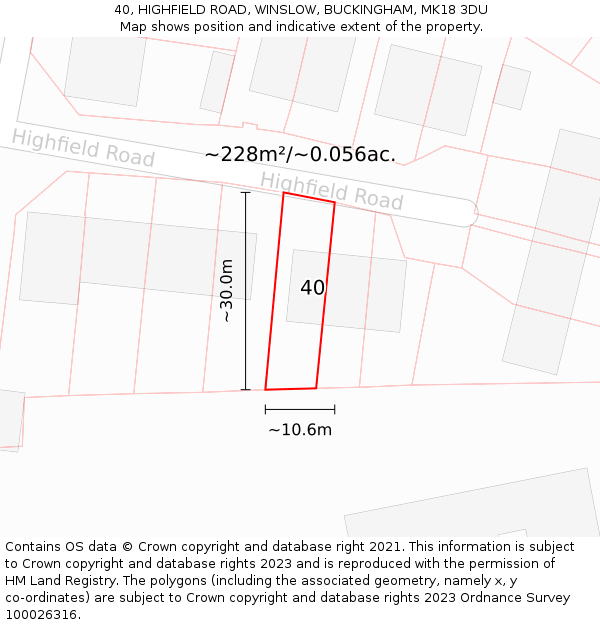 40, HIGHFIELD ROAD, WINSLOW, BUCKINGHAM, MK18 3DU: Plot and title map