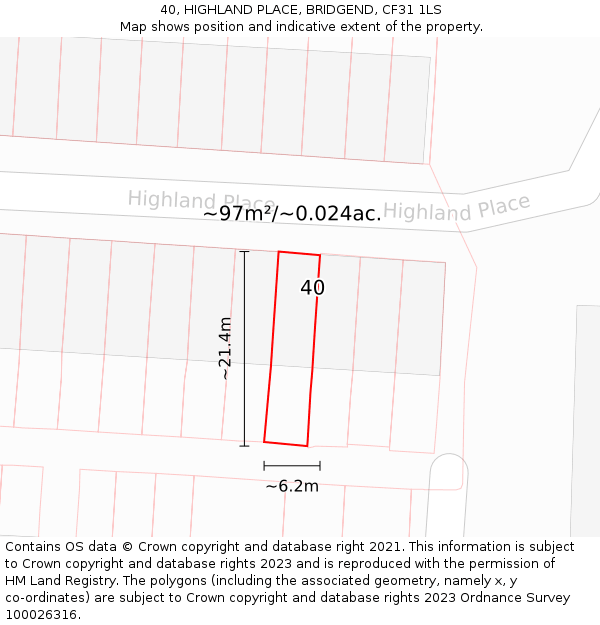 40, HIGHLAND PLACE, BRIDGEND, CF31 1LS: Plot and title map