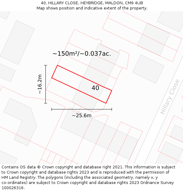 40, HILLARY CLOSE, HEYBRIDGE, MALDON, CM9 4UB: Plot and title map