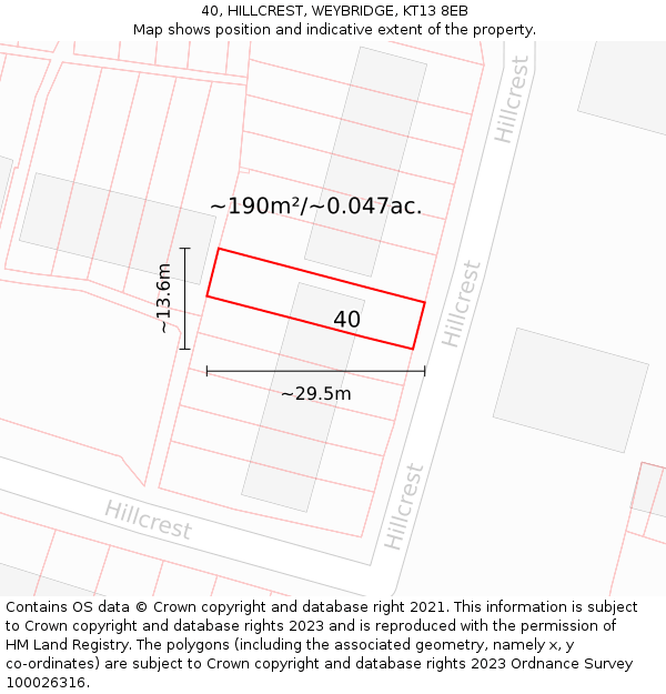 40, HILLCREST, WEYBRIDGE, KT13 8EB: Plot and title map