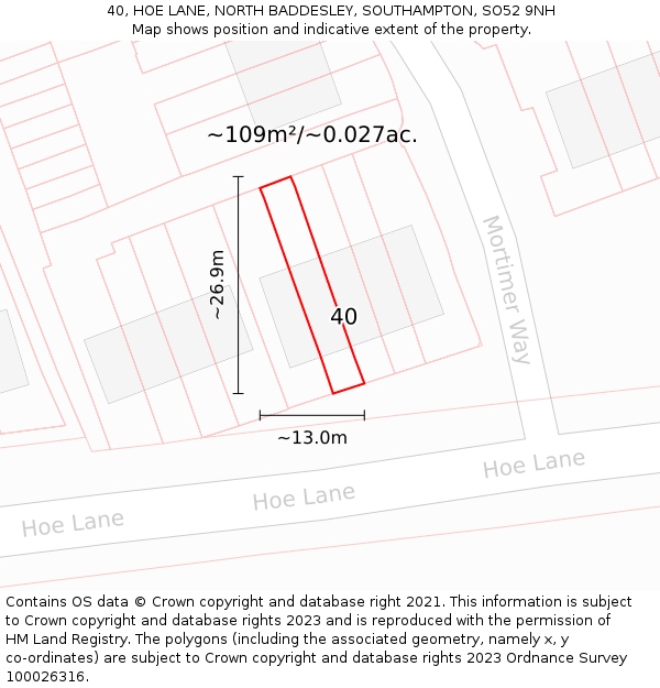 40, HOE LANE, NORTH BADDESLEY, SOUTHAMPTON, SO52 9NH: Plot and title map