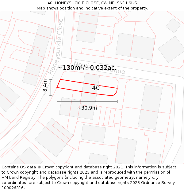 40, HONEYSUCKLE CLOSE, CALNE, SN11 9US: Plot and title map