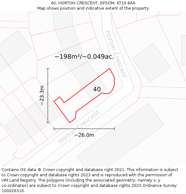 40, HORTON CRESCENT, EPSOM, KT19 8AA: Plot and title map