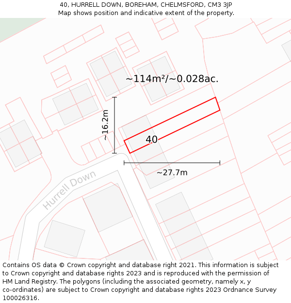 40, HURRELL DOWN, BOREHAM, CHELMSFORD, CM3 3JP: Plot and title map