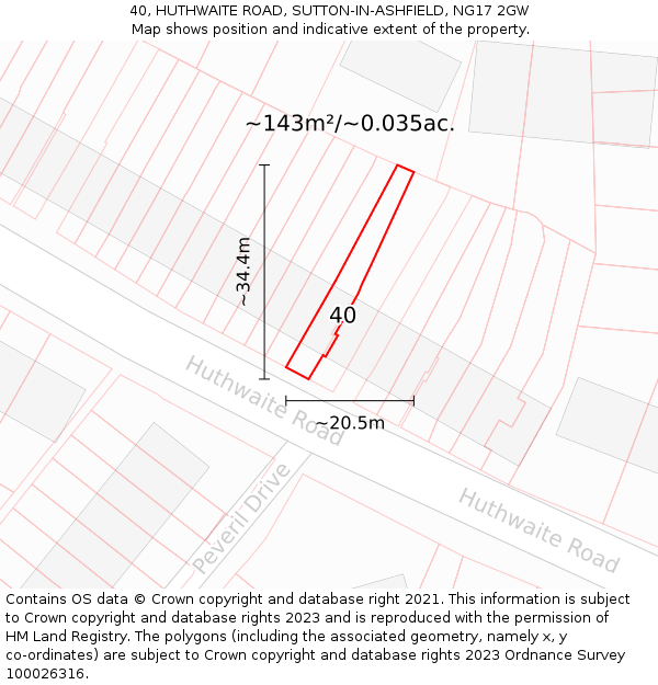 40, HUTHWAITE ROAD, SUTTON-IN-ASHFIELD, NG17 2GW: Plot and title map