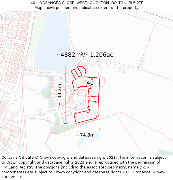 40, HYDRANGEA CLOSE, WESTHOUGHTON, BOLTON, BL5 2TF: Plot and title map
