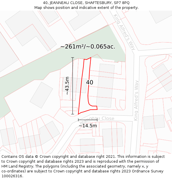 40, JEANNEAU CLOSE, SHAFTESBURY, SP7 8PQ: Plot and title map