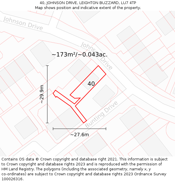 40, JOHNSON DRIVE, LEIGHTON BUZZARD, LU7 4TP: Plot and title map